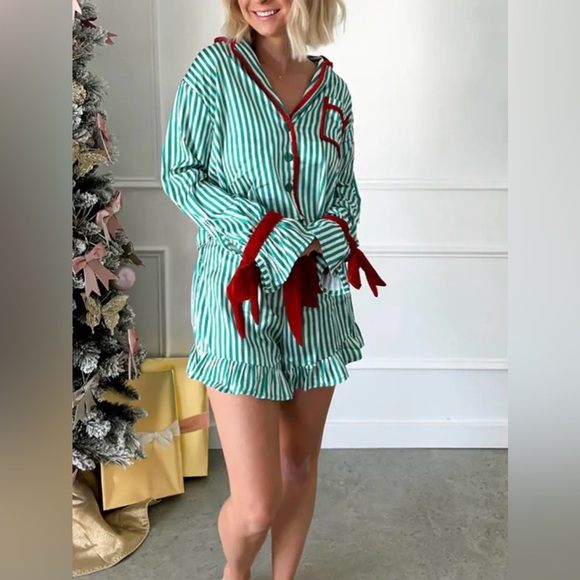NEW Cutie in Stripes Short and Top Pajama Set - Green and White + Red Bow Ties - Picture 2 of 3